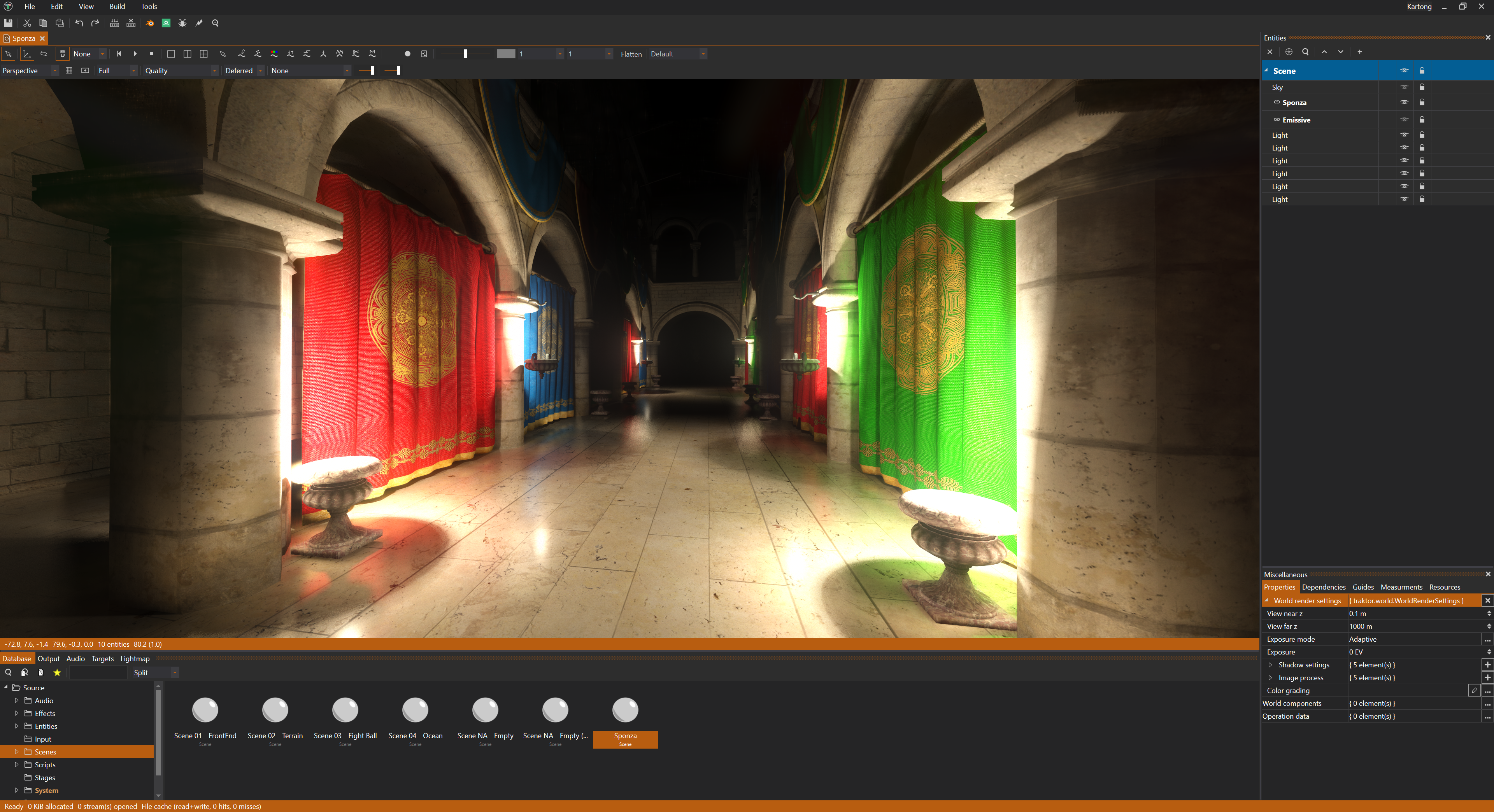 Traktor editor showing Scene Editor viewport, Database panel, and Properties panel