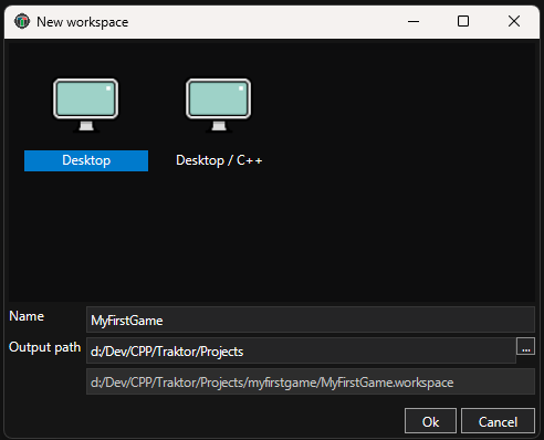 New Workspace dialog showing template selection and project settings