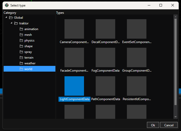 Component selection dialog showing World category and LightComponentData