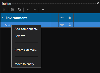 Context menu when right-clicking the Sun entity