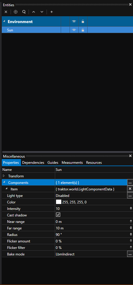 Sun entity properties showing LightComponentData with light type dropdown