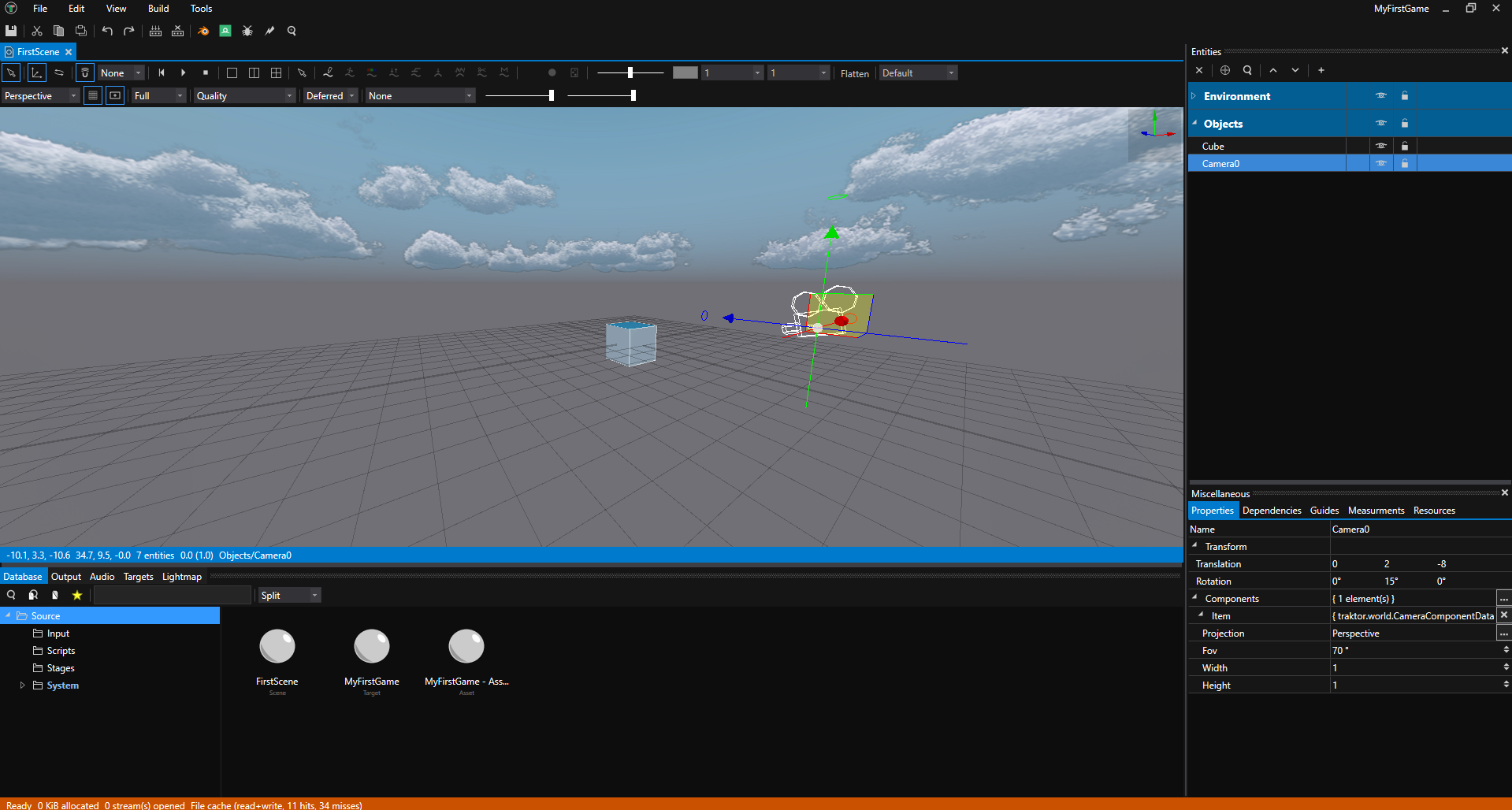 Scene Editor showing the lit cube with camera positioned for a good view