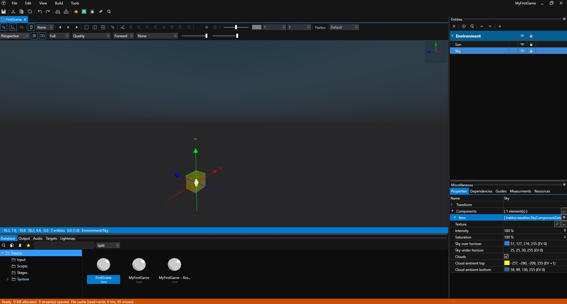 Scene Editor showing lit scene with sky gradient and directional lighting