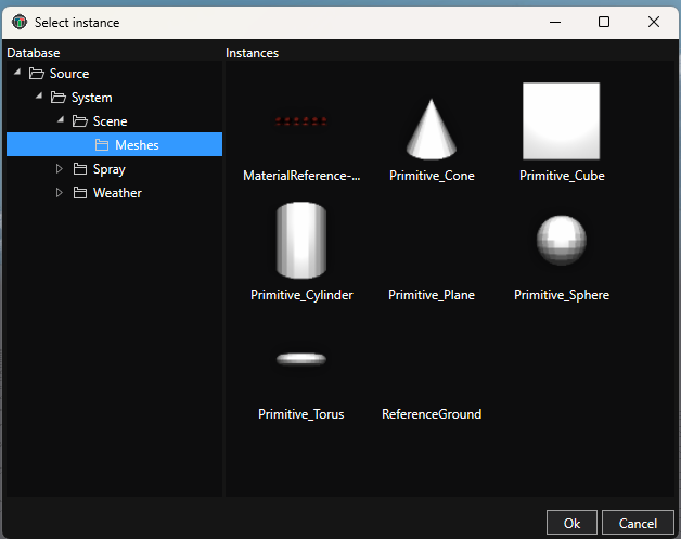 Mesh selection dialog showing available primitive meshes