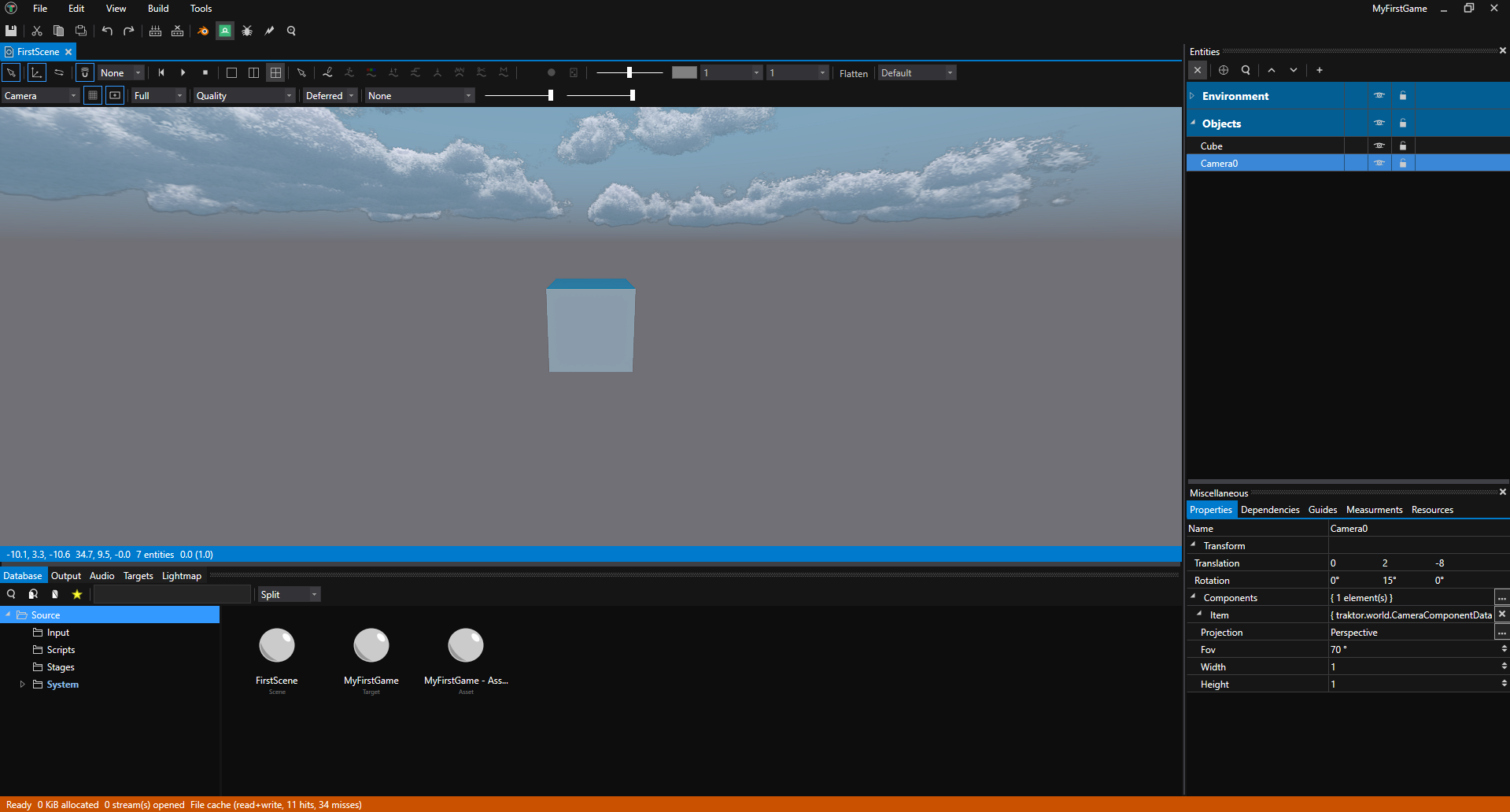 Scene viewed through Camera0 showing the lit cube from the configured camera angle