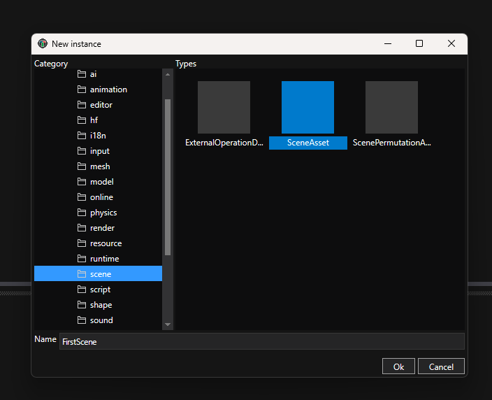 New Instance dialog showing Scene category and SceneAsset type selection