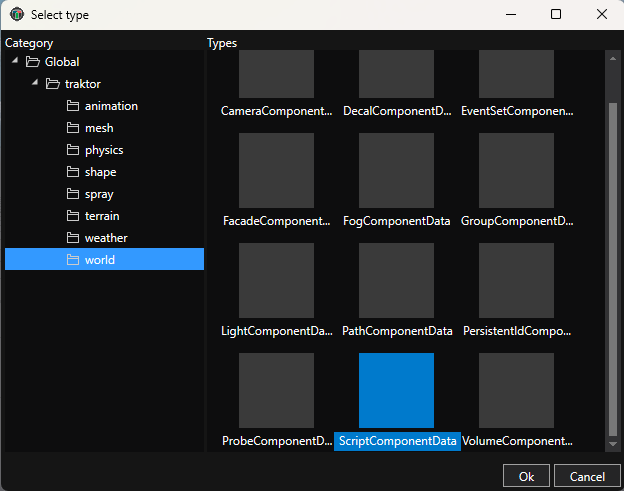 Component selector showing ScriptComponentData under world category