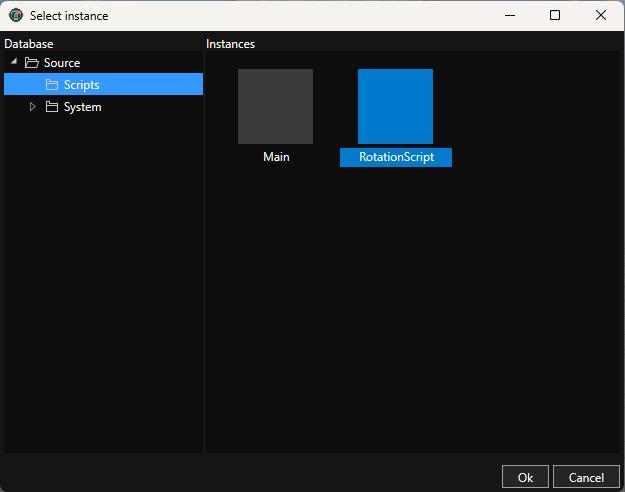 Database browser showing Scripts group with RotationScript