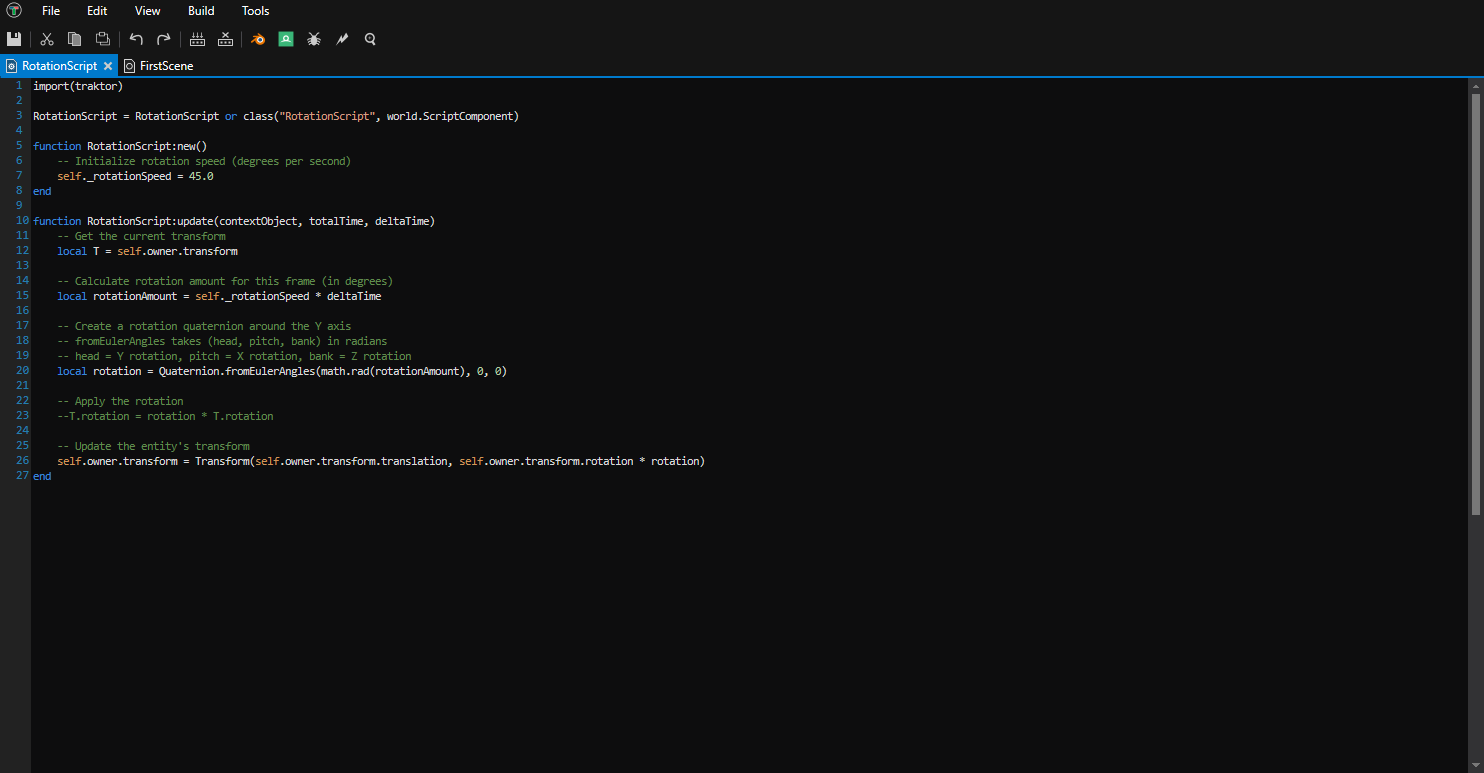 Script editor showing the completed RotationScript code
