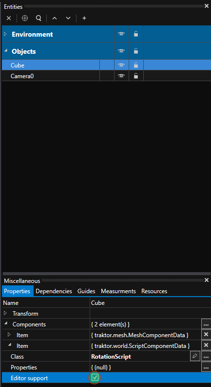 ScriptComponentData properties showing Enable in editor checkbox