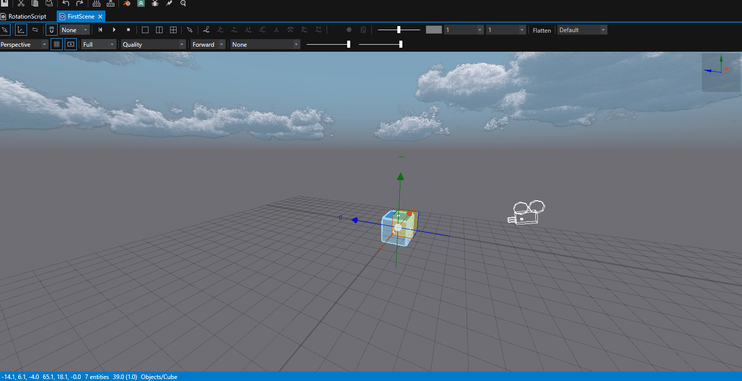 Rotating cube shown from Camera view with the script running