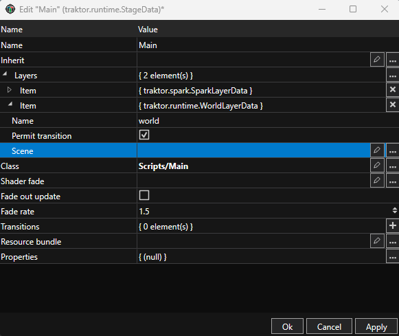 World Layer properties showing Scene browse button
