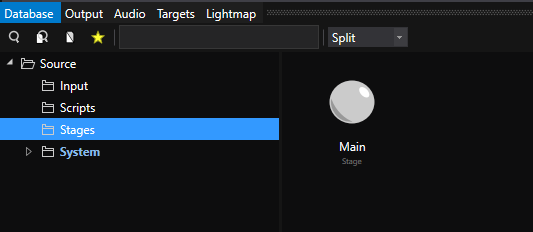 Database panel showing Stage folder with Main stage