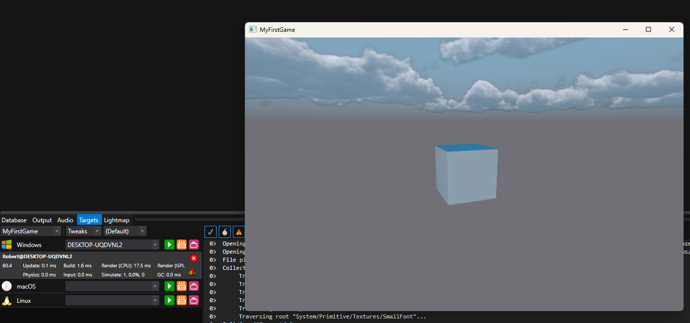 Game running in a window showing the rotating cube